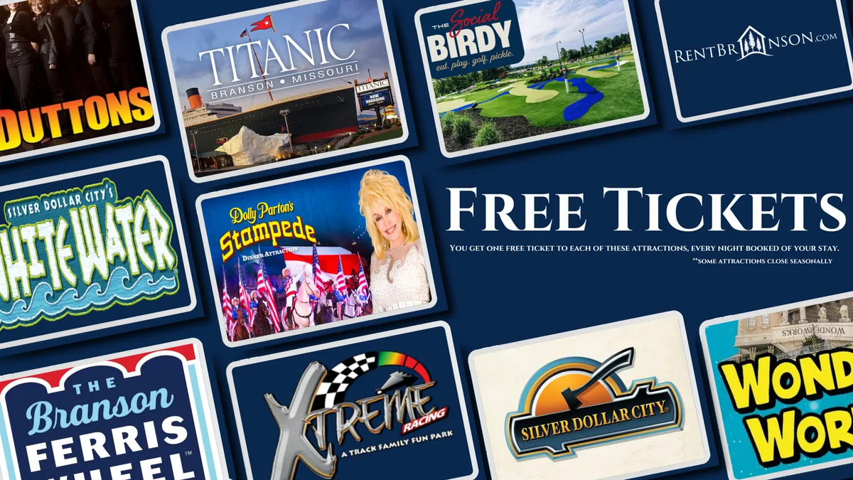A close-up shot of attraction tickets with colorful graphics and a 'free tickets' announcement, evoking excitement for amusement park fun and live entertainment opportunities nearby.